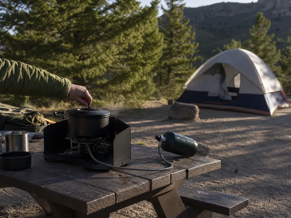 Portable camp stove operating on an outdoor picnic table well away from a sleeping tent - outdoor camp combustion safety | KnowOutdoor