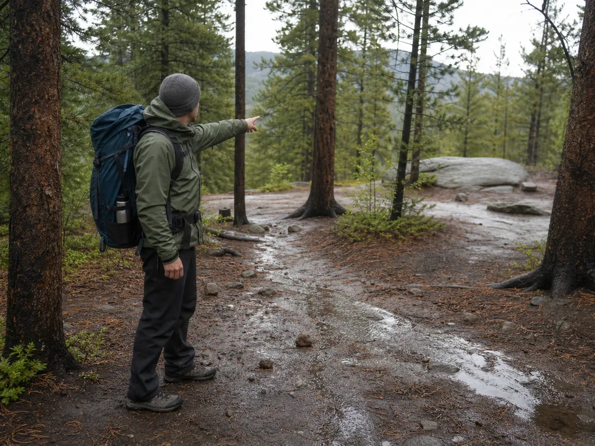 Camper inspecting overhead branches and surface runoff before choosing a tent pad - campsite hazard scan | KnowOutdoor