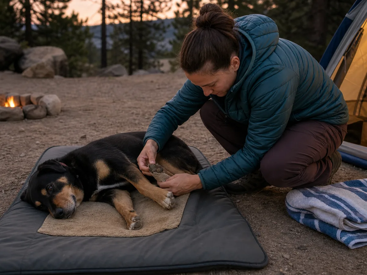 Camper gently inspecting a dog's paw on a dry mat beside the tent before bedtime - dog paw check | KnowOutdoor