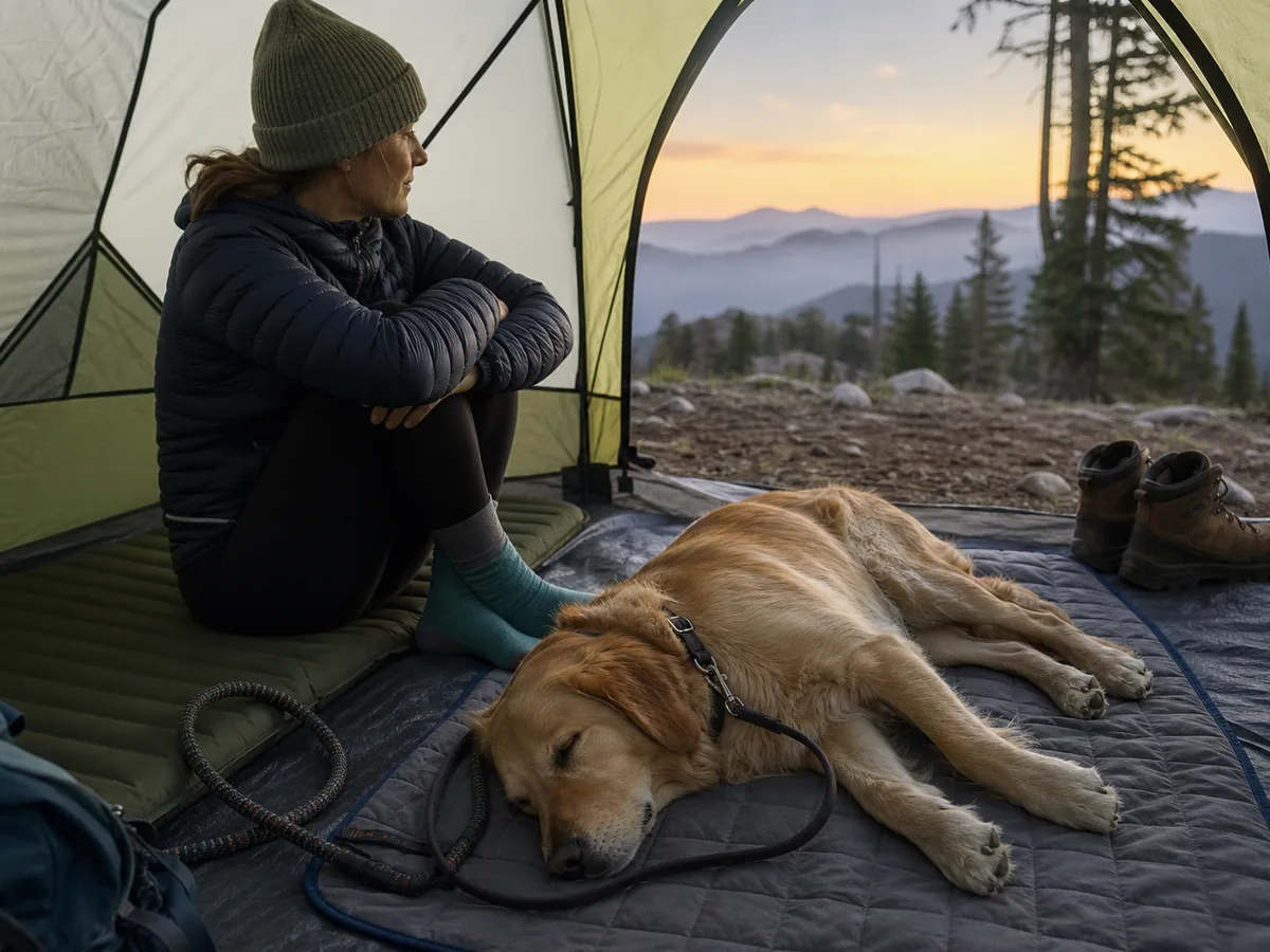 Calm leashed dog resting on an insulated mat inside a ventilated tent beside an adult - dog sleep setup | KnowOutdoor