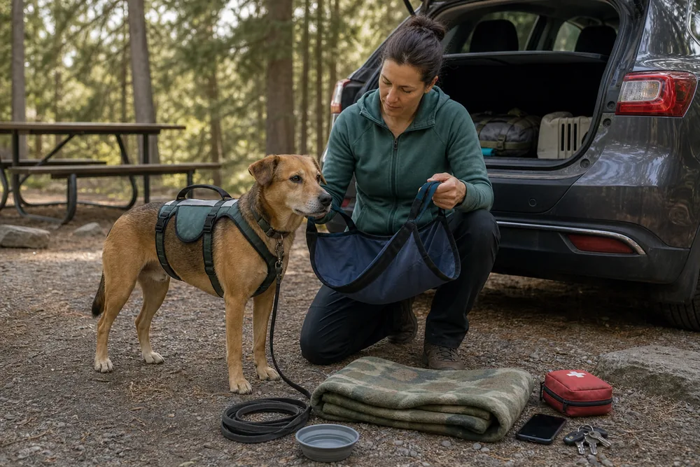 Handler checking a dog support harness and carry sling beside an open vehicle - dog veterinary exit setup | KnowOutdoor