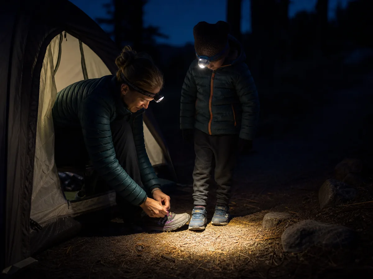 Parent and child preparing low headlamps shoes and warm layers at a tent entrance after dark - supervised night route | KnowOutdoor