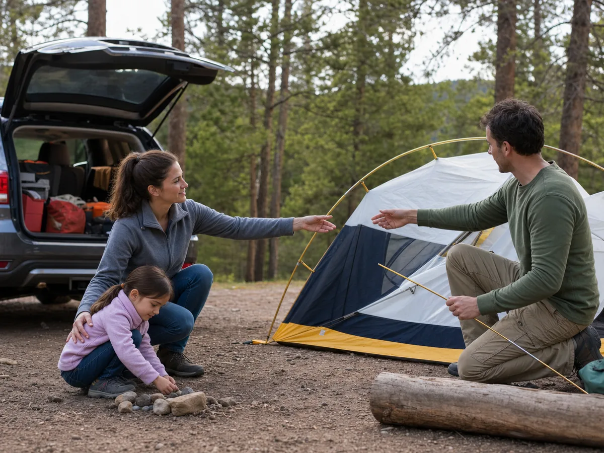 One parent supervising a child while another parent sets up the family tent - campsite supervision handoff | KnowOutdoor