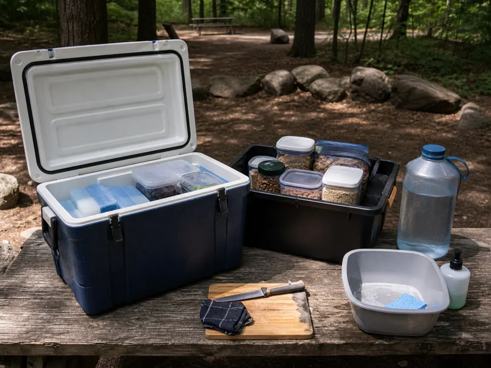 Shaded cooler dry food tote water jug and wash basin for car camping - car camping checklist | KnowOutdoor