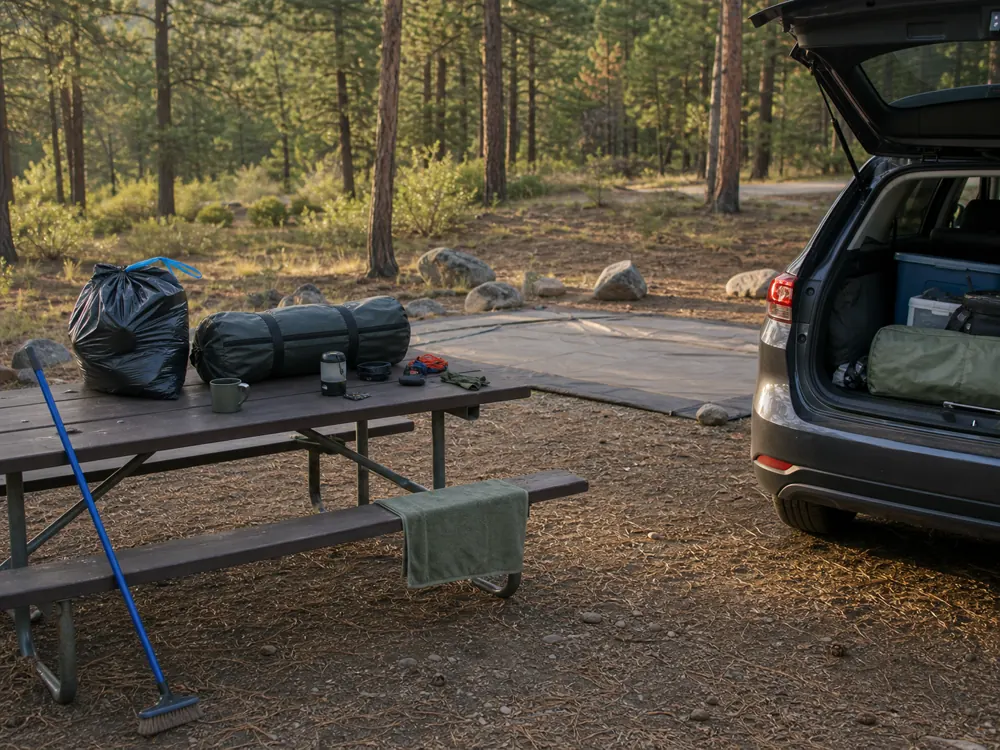Morning car camping site sweep with packed tent closed trash and open trunk - car camping checklist | KnowOutdoor
