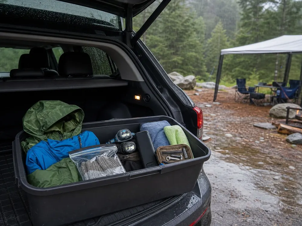 Dry rain power and repair bin kept under a car hatch during wet car camping - car camping checklist | KnowOutdoor