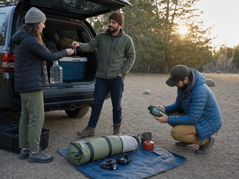 Campers confirming keys water fuel shelter parts and food storage during a clear task handoff - camping handoff check | KnowOutdoor