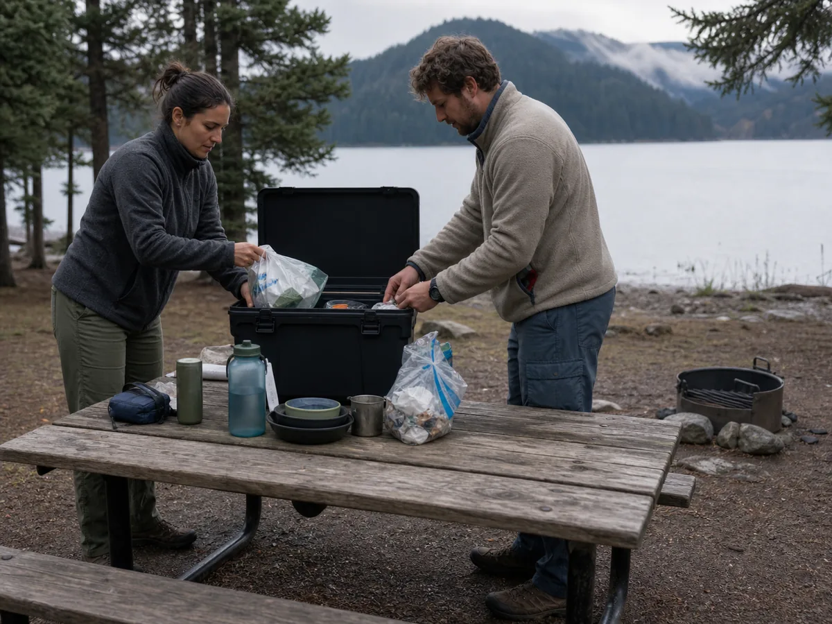 Campers closing food trash toiletries and dishes into approved storage while keeping water beside a small attended fire - camp kitchen correction | KnowOutdoor