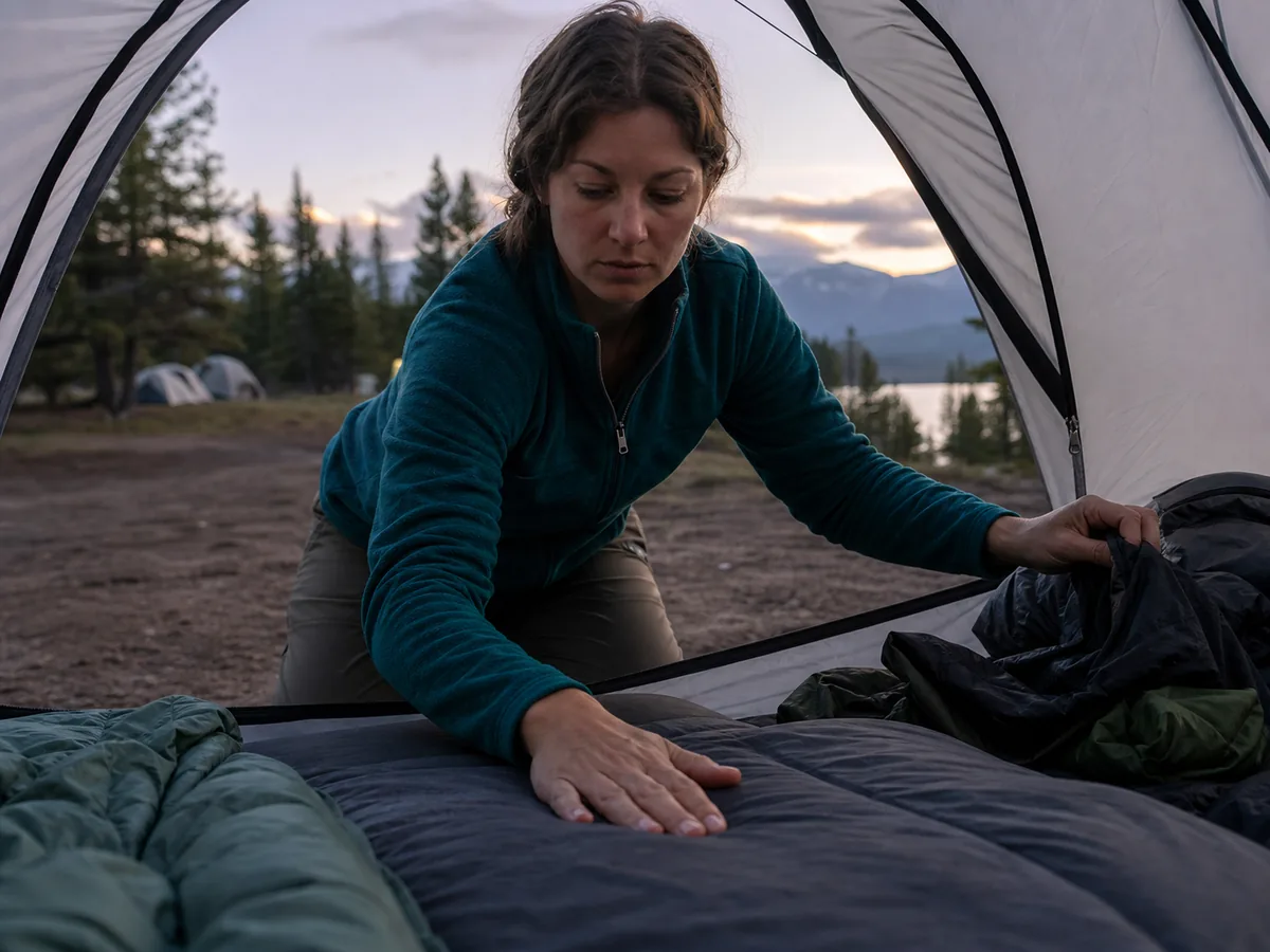 Camper checking a soft sleeping pad damp clothing bag loft and tent condensation before bedtime - cold camp correction | KnowOutdoor