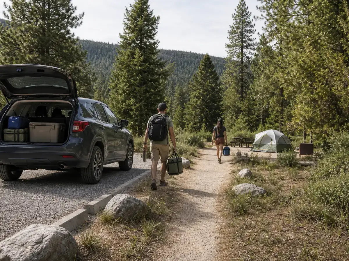 Campers carrying manageable loads from legal parking along a short walk-in path - campground access route | KnowOutdoor