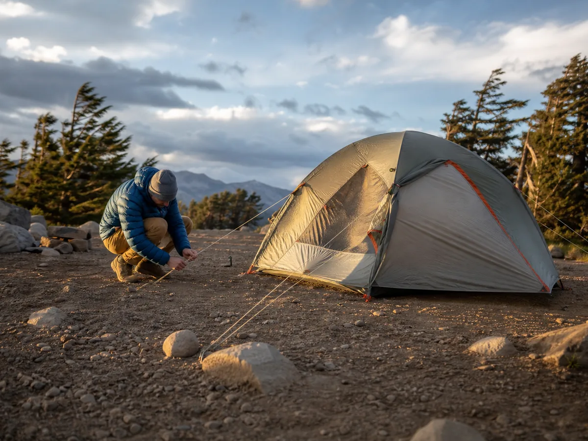 Camper tensioning separate guylines from reinforced tent points to ground anchors - tent guyline wind load | KnowOutdoor