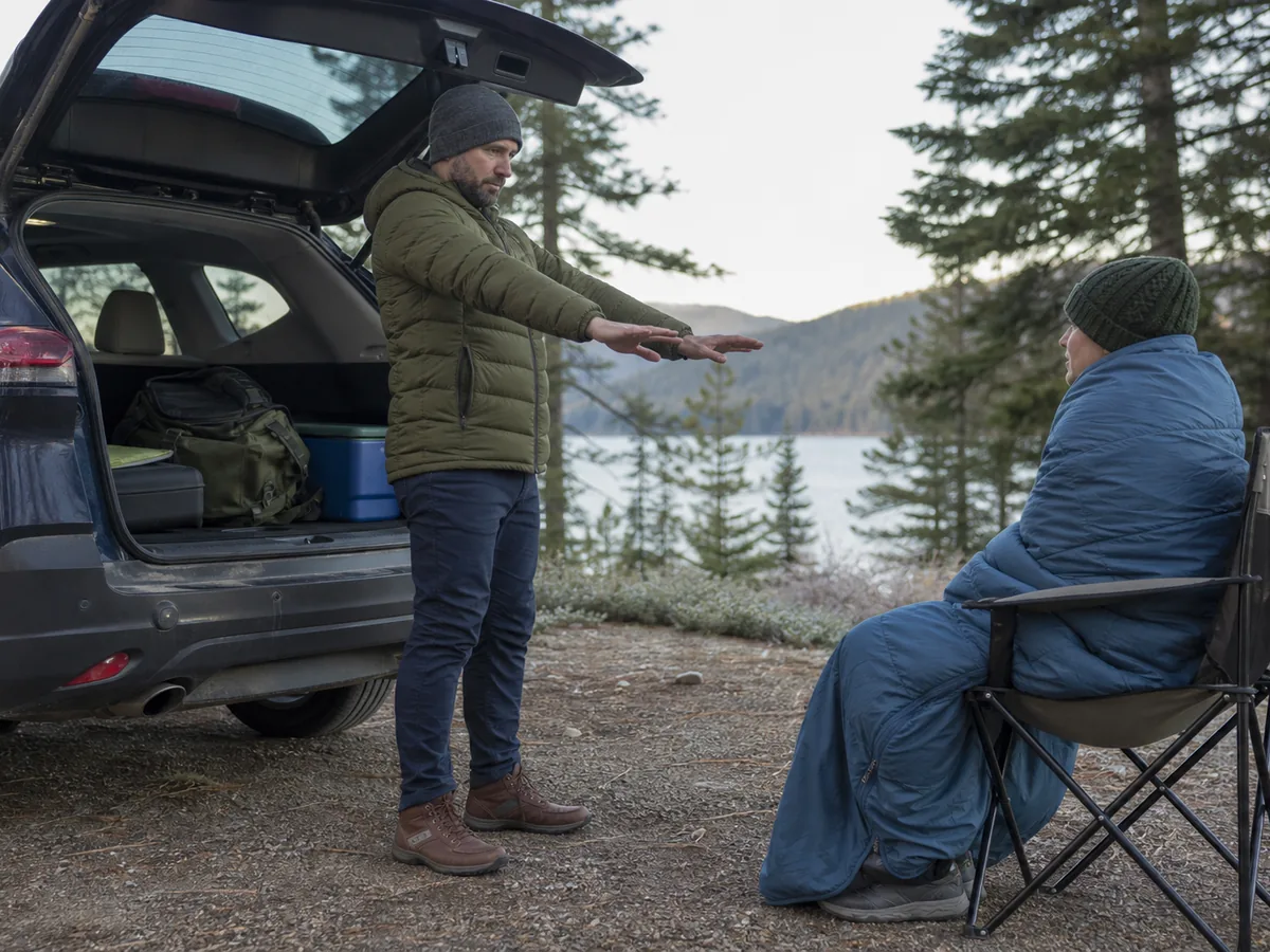 Camper checking an insulated partner's alertness and hand control beside a ready vehicle - campsite cold condition check | KnowOutdoor