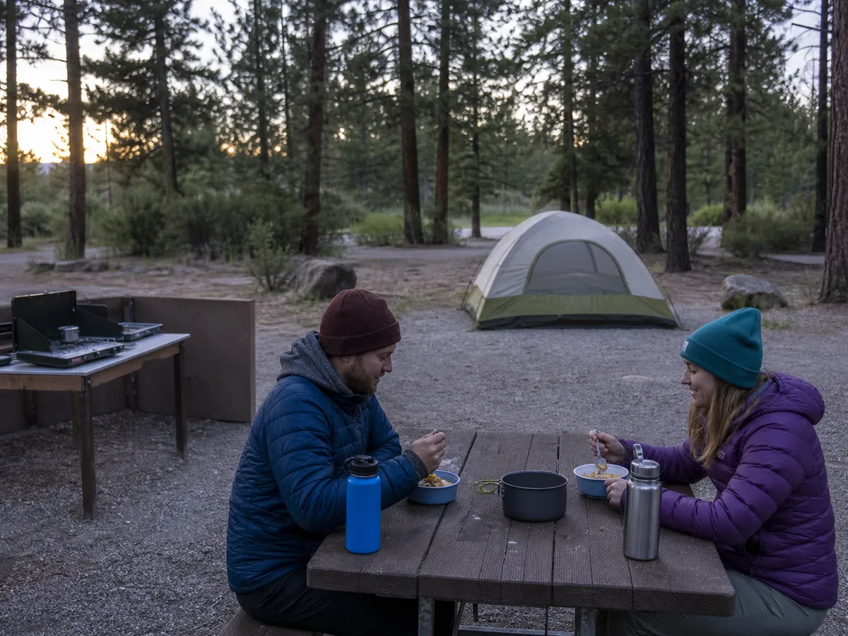Campers eating a simple evening meal at an outdoor table away from their tent - cool-weather camp meal | KnowOutdoor