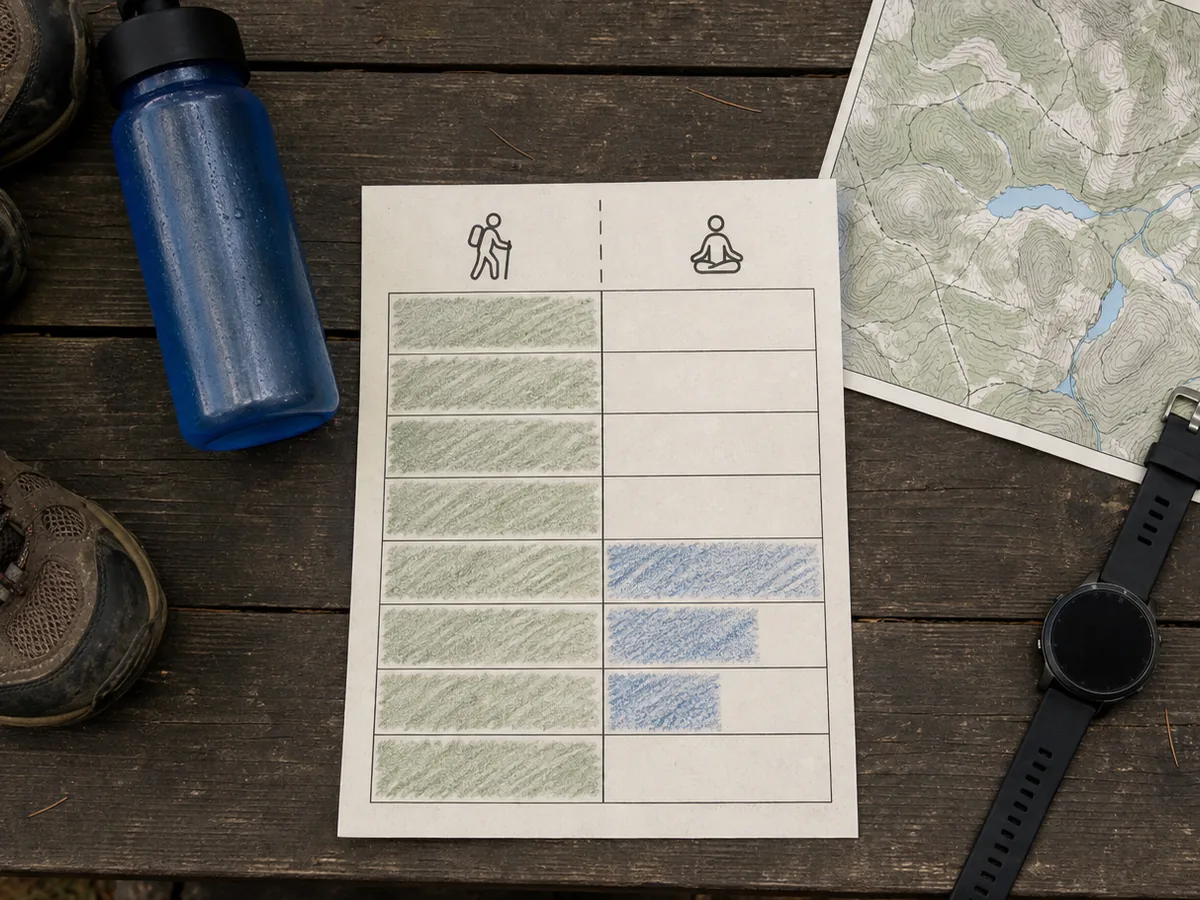 Paper activity log with hiking shoes water bottle map and watch on a picnic table - camping movement record | KnowOutdoor