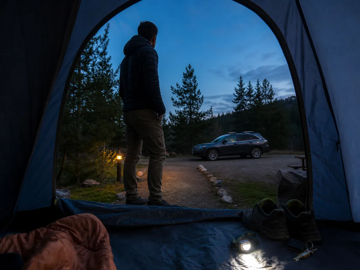 Solo camper checking the short clear route from the tent to a nearby parked vehicle at dusk - solo campsite exit | KnowOutdoor