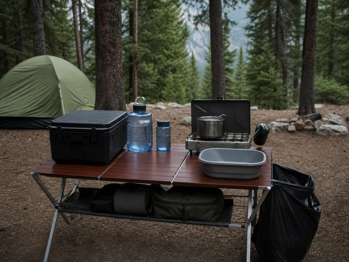 Camping kitchen grouped into required food storage water stove fuel cookware cleanup and trash systems - camp food packing | KnowOutdoor