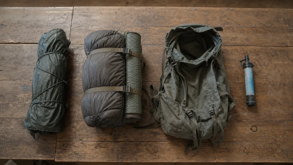 Overhead view of four pieces of overnight kit laid in a row on a wooden table, a packed tent, a stuffed sleeping bag with rolled mat, a large empty backpack and a small water filter - what a day hiker still needs to borrow or buy | KnowOutdoor