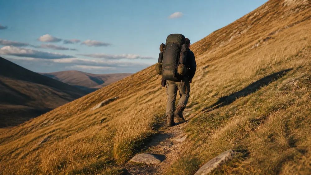 A hiker with a tall heavy overnight pack climbing slowly up a steep grassy path with head down under the load in low afternoon light - what carried weight does to pace | KnowOutdoor