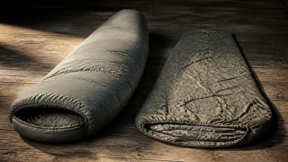 Two synthetic sleeping bags of the same model side by side on a wooden floor, one full and lofted and the other flattened and thin after years of use | KnowOutdoor