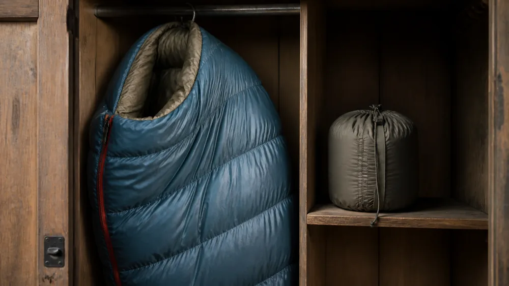 A sleeping bag hanging loose and full-lofted from a rail beside a second bag crammed tight into a small stuff sack on a shelf | KnowOutdoor