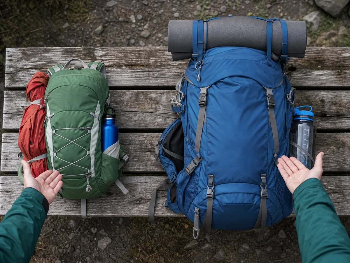 Compact hiking kit beside larger trekking kit with sleep and food gear