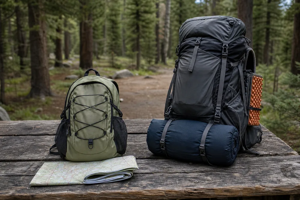 Day hiking pack beside larger trekking pack showing time and commitment difference