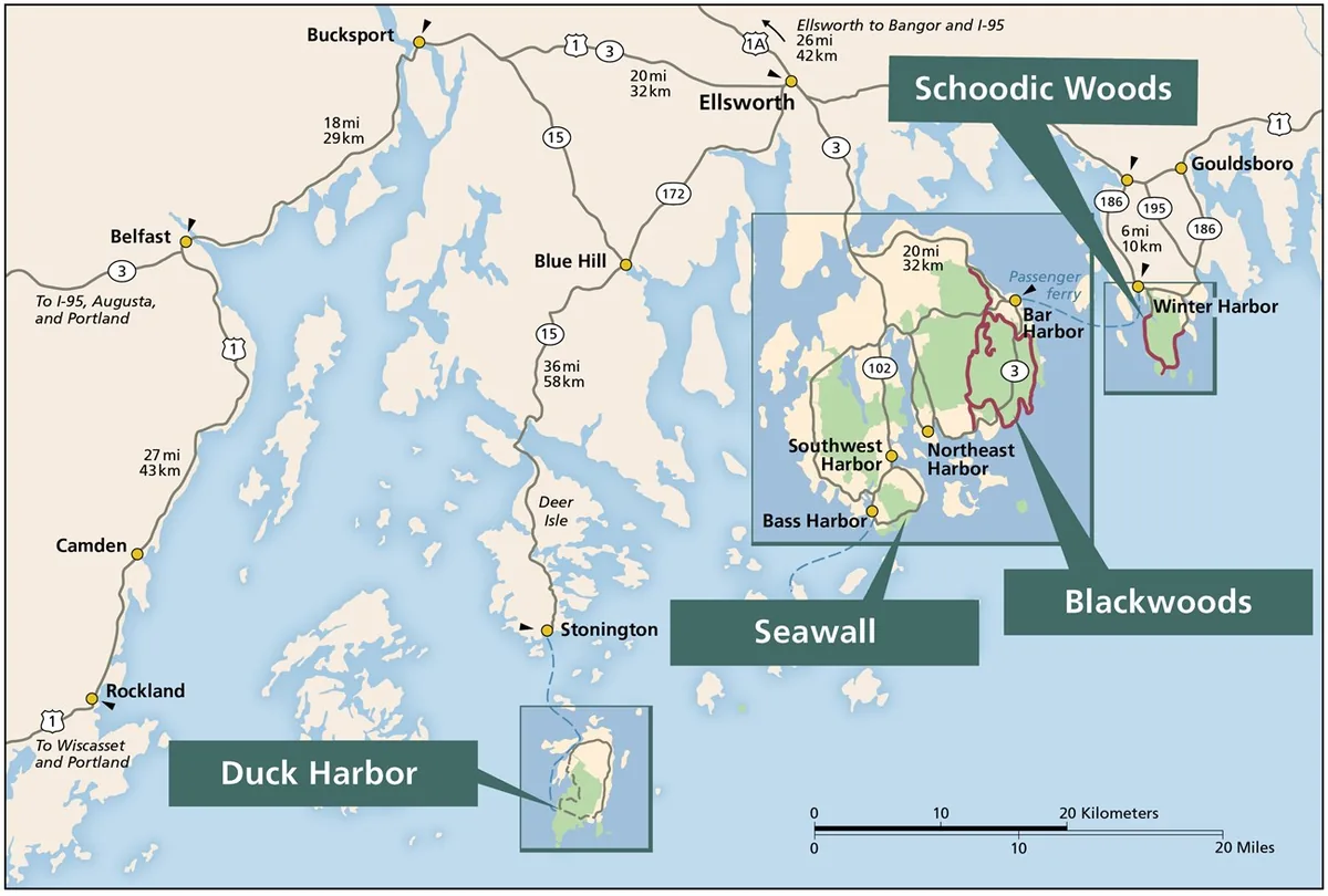 Regional map locating Blackwoods, Seawall, Schoodic Woods, and Duck Harbor campgrounds in Acadia National Park - Acadia National Park | KnowOutdoor