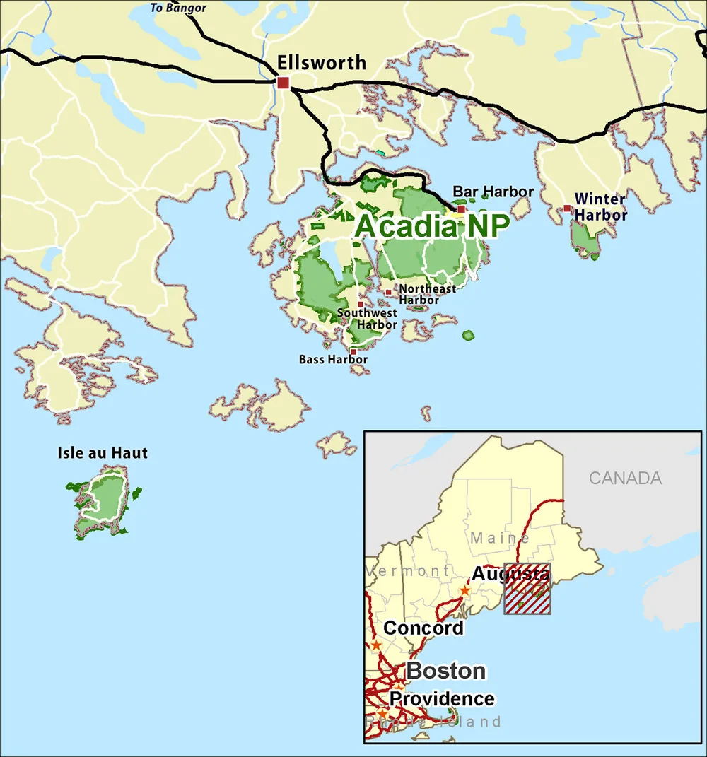 Map showing Mount Desert Island, Schoodic Peninsula, Isle au Haut, and surrounding parts of Acadia National Park - Acadia National Park | KnowOutdoor