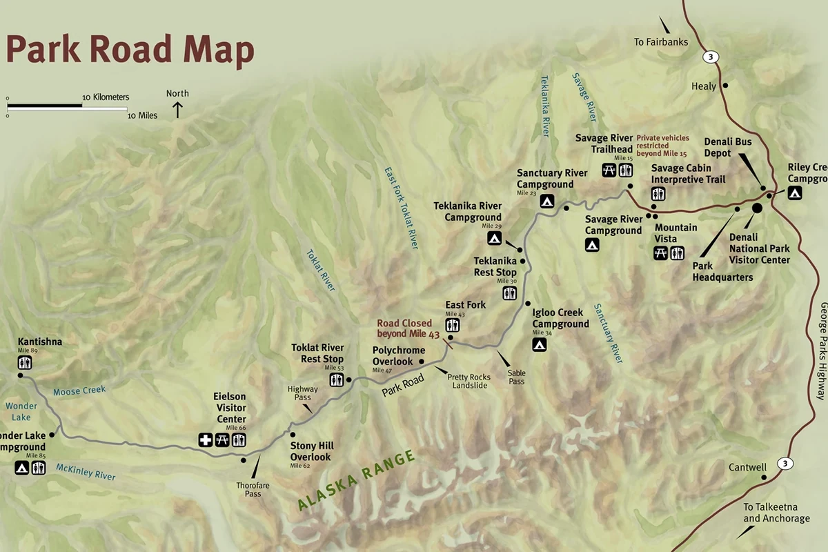 Official Denali Park Road map showing the East Fork River turnaround - Summer 2026 | KnowOutdoor