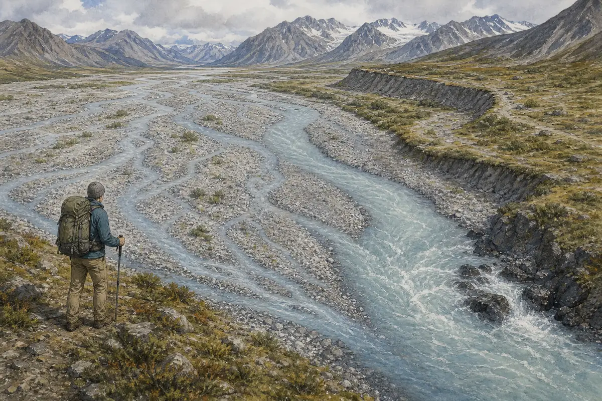 Illustrated hiker evaluating braided glacial river channels in Alaska Range terrain - River crossing decision | KnowOutdoor