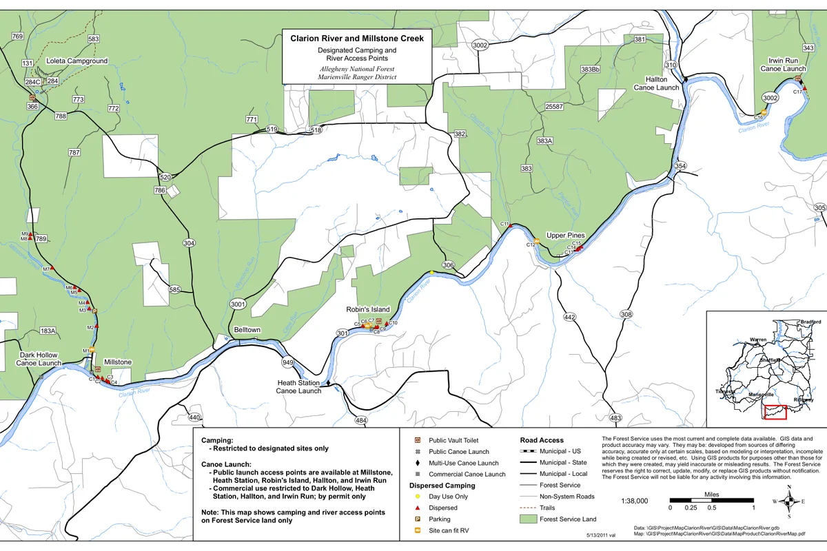 Map of designated campsites beside the Clarion River - Allegheny National Forest | KnowOutdoor