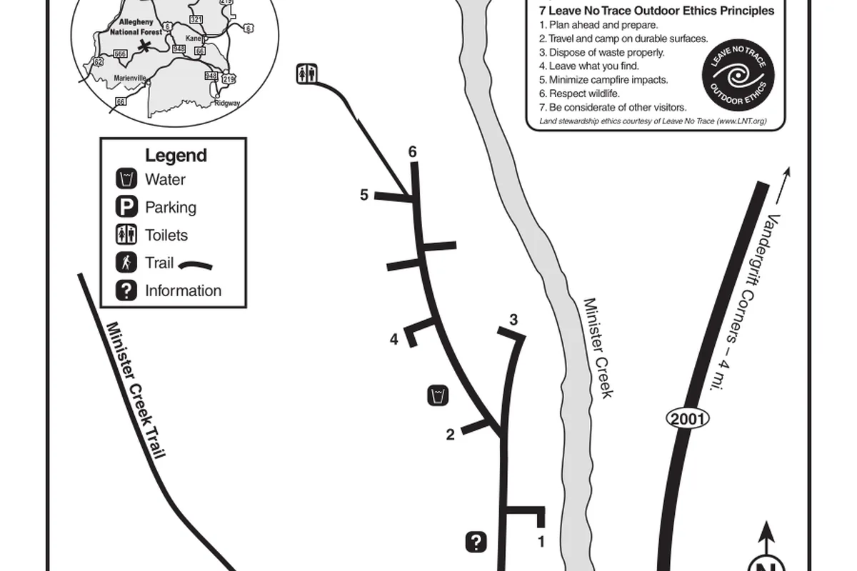 Campground map showing sites beside Minister Creek - Allegheny National Forest | KnowOutdoor