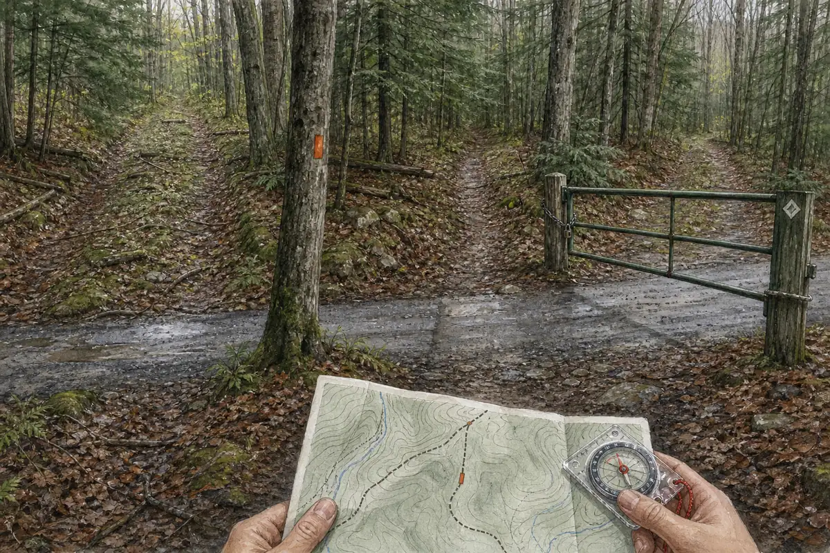 Illustrated wet forest junction with a blazed trail, gated road, abandoned grade, map, and compass - Navigation decision | KnowOutdoor