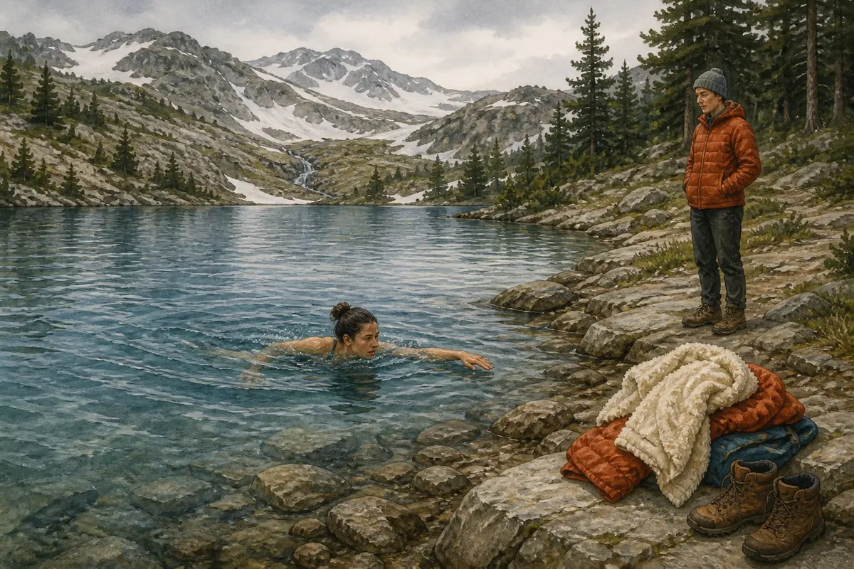 Editorial illustration of an alpine lake swimmer staying close to shore with cold-water warning cues - Alpine lake swimming decision | KnowOutdoor
