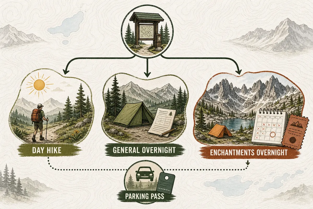 Illustrated Alpine Lakes permit decision with day hike, general overnight, Enchantments overnight, and separate parking pass branches - KnowOutdoor