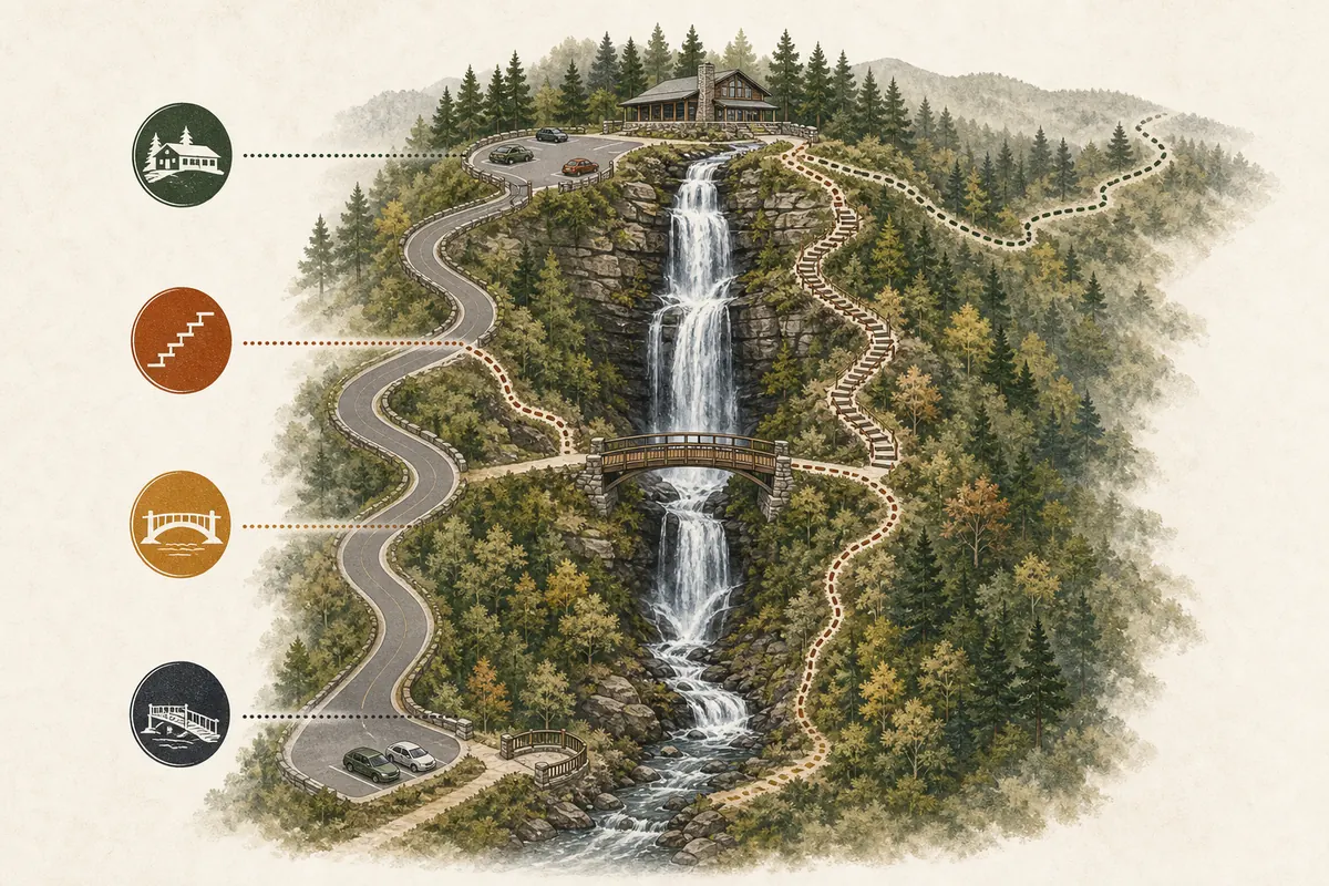 Illustrated Amicalola Falls access levels showing lower parking, bridge viewpoint, stair route, upper parking, lodge, and onward forest trail - KnowOutdoor