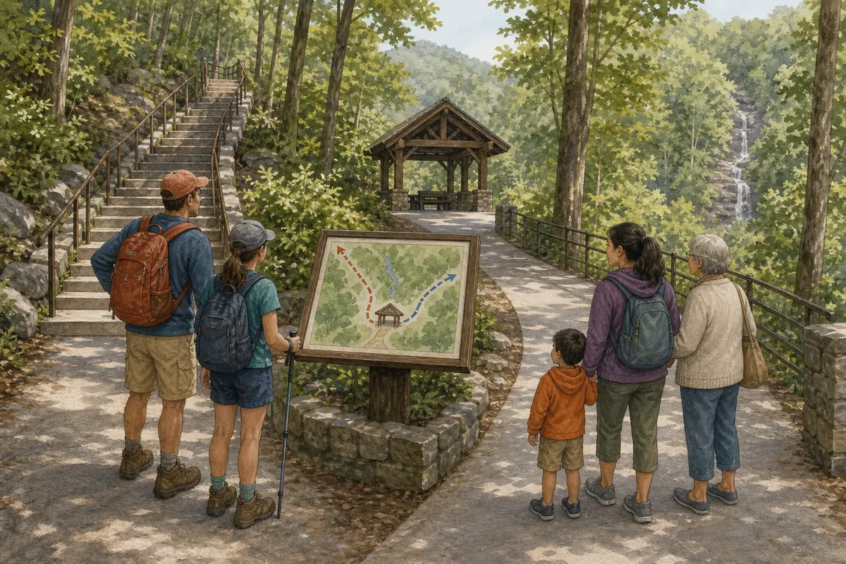 Editorial illustration of a family choosing separate stair and viewpoint routes around a shared meeting point - Amicalola Falls group plan | KnowOutdoor