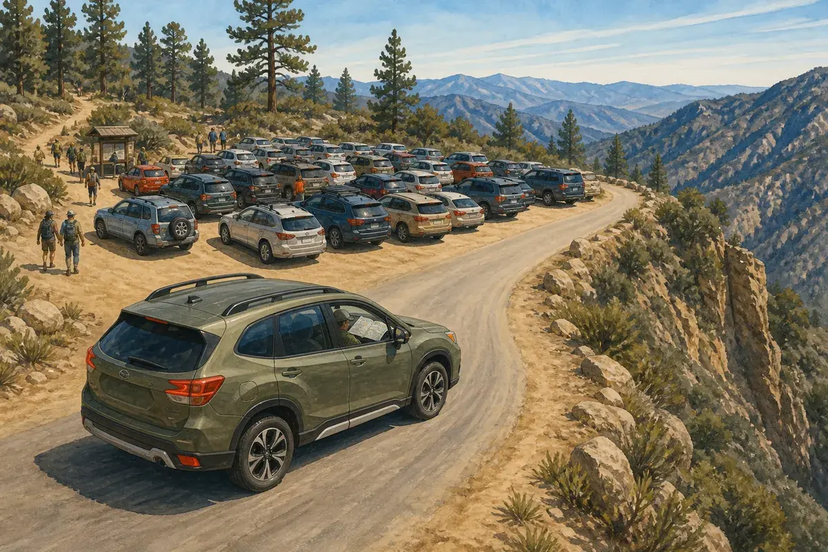 Editorial illustration of a full mountain trailhead with legal parking boundaries and a separate backup corridor - Angeles parking decision | KnowOutdoor