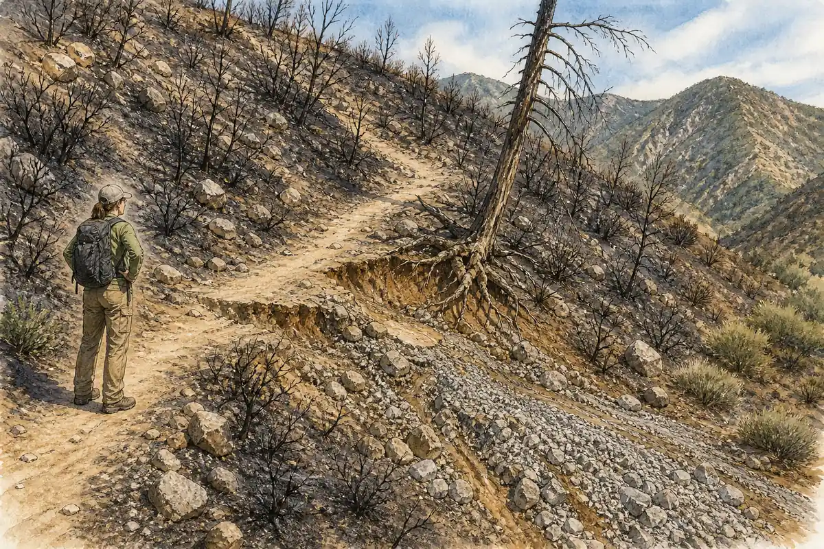 Illustrated burned chaparral slope with exposed roots, loose rock, runoff channel, dead tree, and a hiker stopped before damaged tread - KnowOutdoor