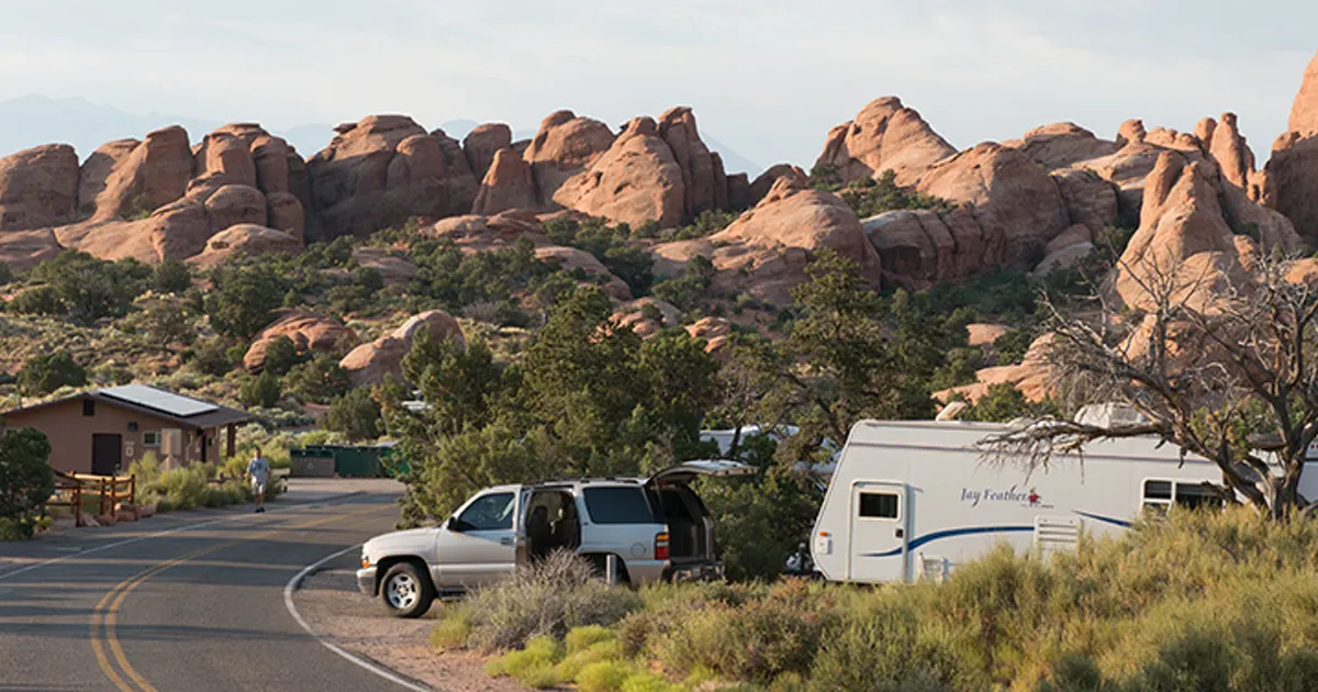 Devils Garden Campground road and campsites among red rock fins at Arches National Park