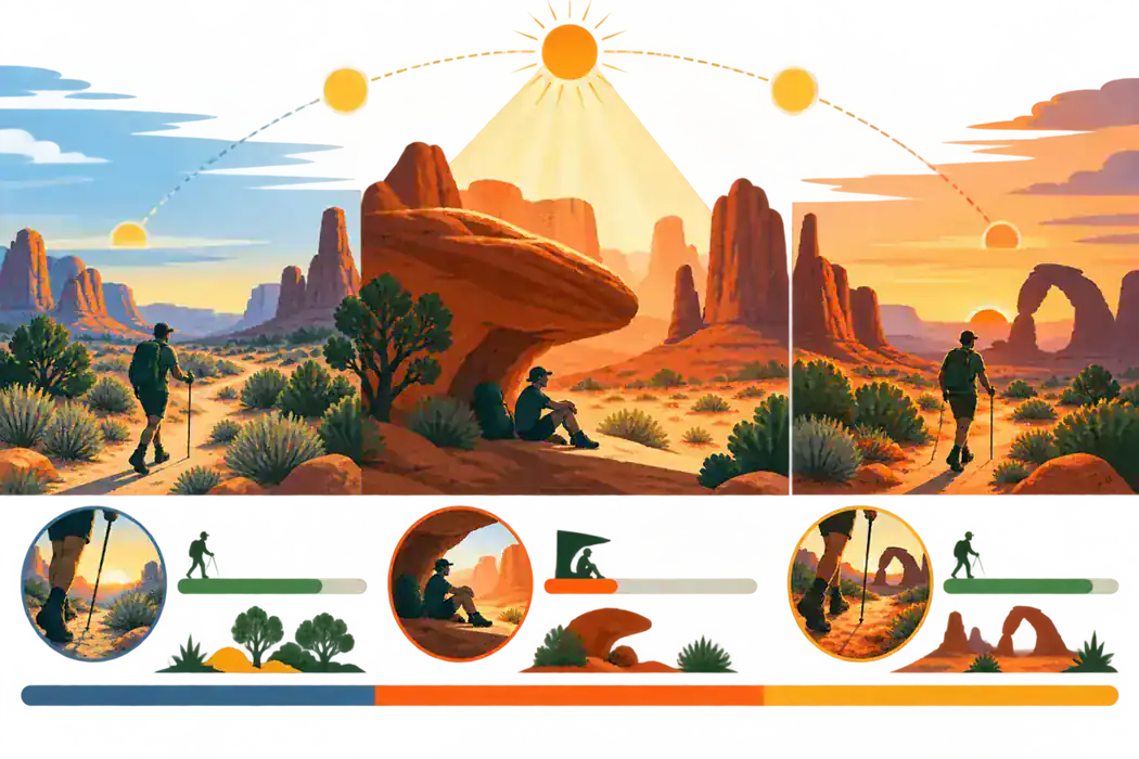 Editorial illustration showing hiking at cool dawn and dusk with rest during peak desert heat