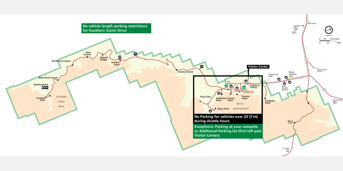 Official Bryce Canyon map showing large vehicle parking restrictions near the amphitheater