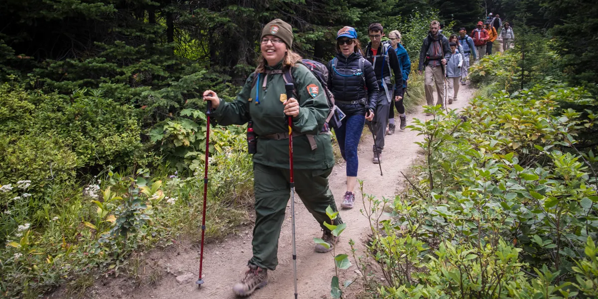 Group of hikers following a ranger on a forest trail in Glacier National Park