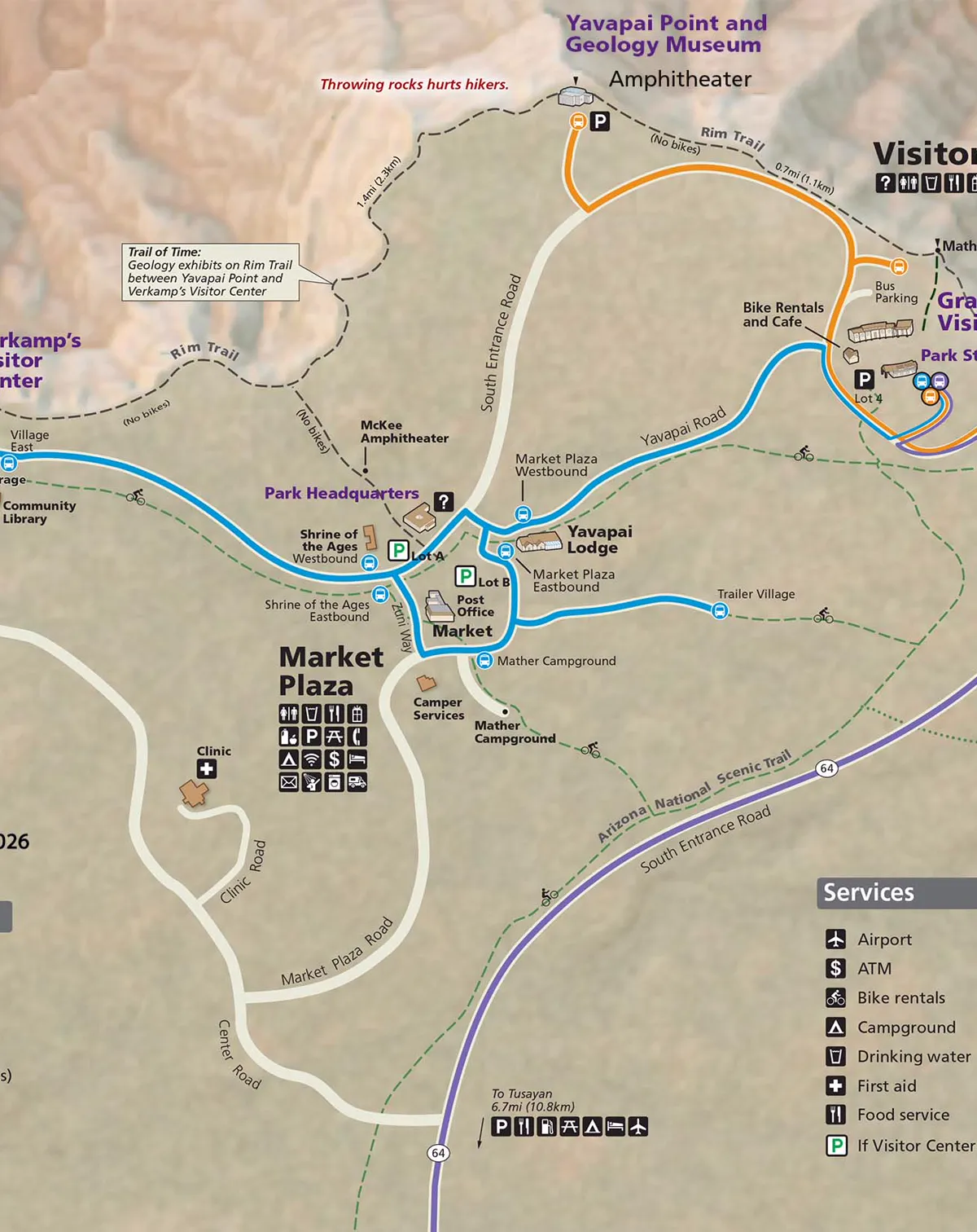 Official 2026 map of South Rim roads, trails, services, and shuttle routes