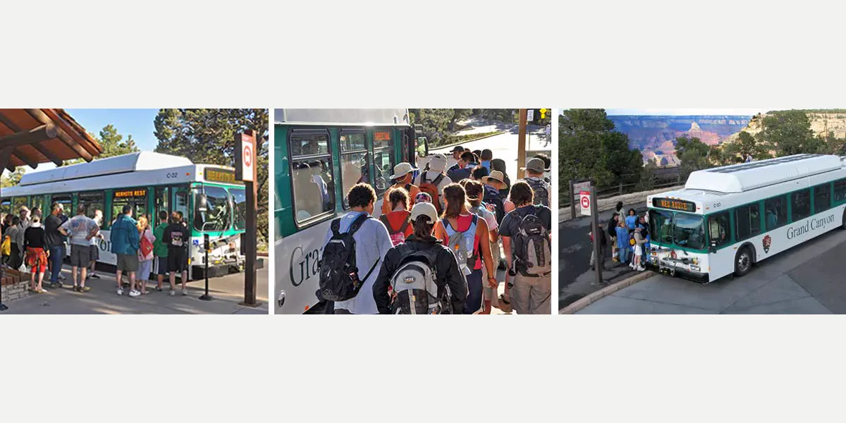Visitors boarding South Rim shuttle buses in Grand Canyon National Park