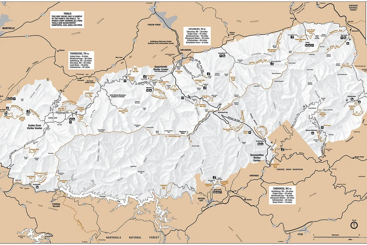 Map of the main roads and access corridors in Great Smoky Mountains National Park - Great Smoky Mountains National Park | KnowOutdoor