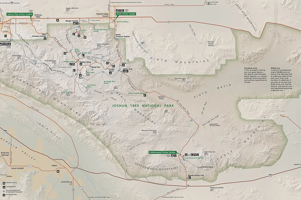 Map of roads, entrances, desert zones, and visitor centers in Joshua Tree National Park - Joshua Tree National Park | KnowOutdoor