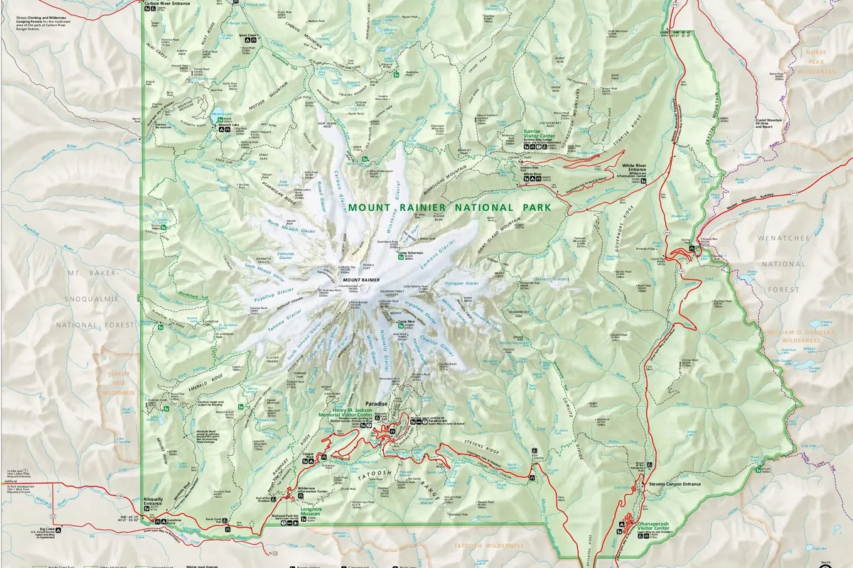 Map of Paradise, Sunrise, Carbon River, and Ohanapecosh access in Mount Rainier National Park - Mount Rainier National Park | KnowOutdoor
