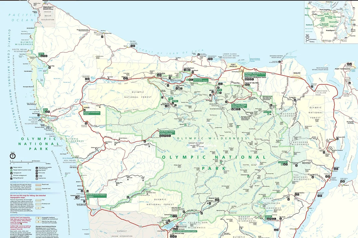 Map of Olympic National Park roads, coast, rainforest valleys, and mountain approaches - Olympic National Park | KnowOutdoor