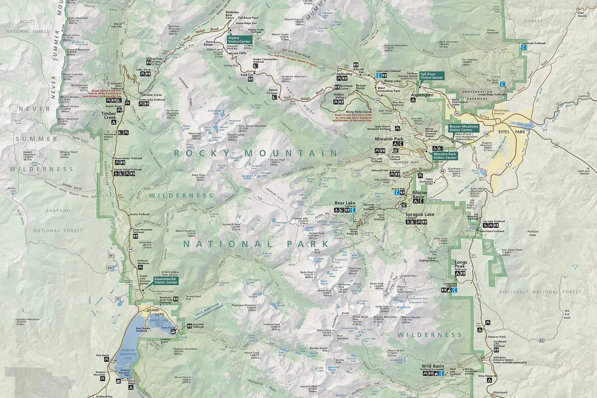 Map of Bear Lake, Trail Ridge Road, Wild Basin, and west-side access in Rocky Mountain National Park - Rocky Mountain National Park | KnowOutdoor